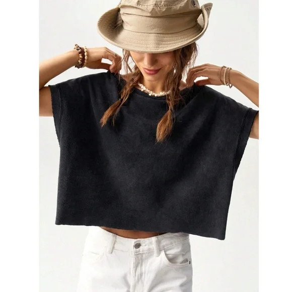 Black Cotton Oversized Cropped Muscle Tee Shirt Raw Hem and Inside Out Stitches - Picture 6 of 11
